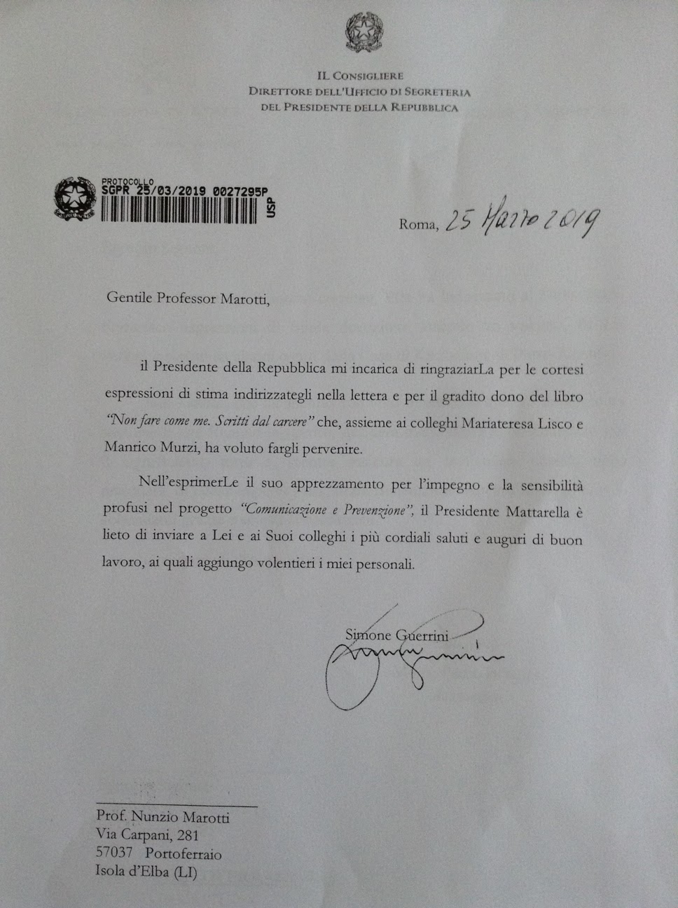 Lettera della Presidenza della Repubblica