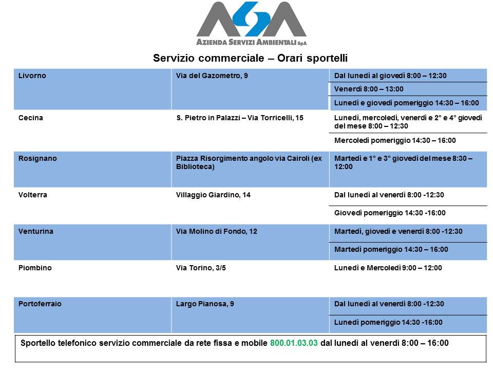 Orari sportelli commerciali ASA SpA