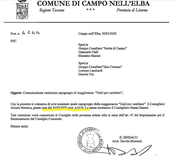 Lettera del Sindaco 30 Marzo 1