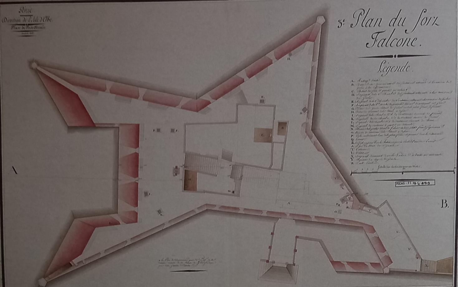 Forte Falcone.Rilievo planimetrico del piano sopra terra piattaforma superiore.1808. 9