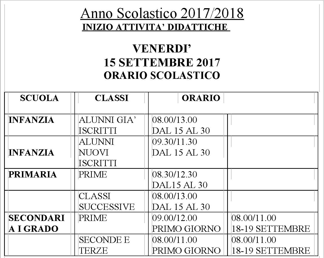 ORARIO SCOLASTICO 2017- 18