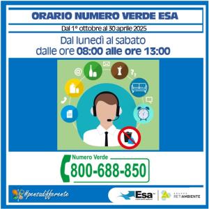 Numero Verde ESA, dal 1° ottobre servizio attivo dalle 8 alle 13