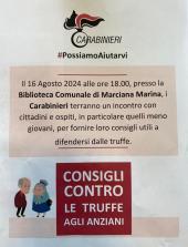 Consigli contro le truffe agli anziani. Oggi l&#039;incontro con i Carabinieri a Marciana Marina