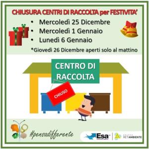 Centri di Raccolta ESA chiusi il 25 dicembre ed il 1 e 6 gennaio